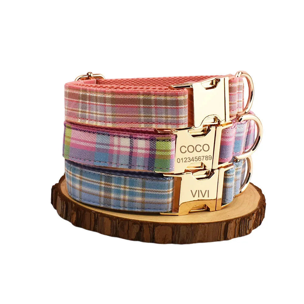 Four-piece cloth dog accessory set showing collar, leash, vest, and bow for coordinated pet styling