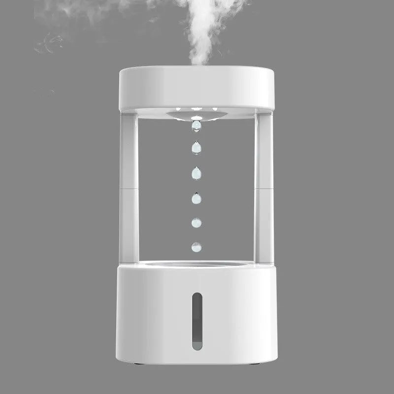 Anti-gravity water drop humidifier with coloured lights on a desk, showing water droplets appearing to float.