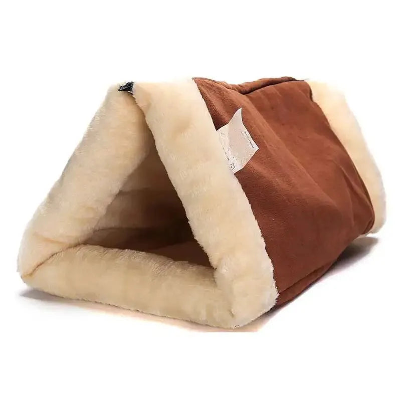 Brown foldable snooze tunnel mat for cats and dogs made from plush fleece with suede trim, unfolded size 28x25x50 cm