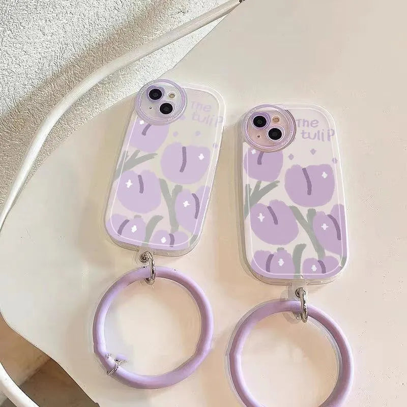 Clear Purple Tulip phone case with heart lens detail and matching violet purple bracelet for iPhone.