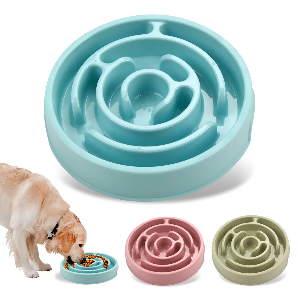 Blue silicone slow feeder dog bowl with raised labyrinth pattern design for large breeds