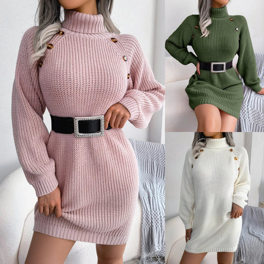 Stylish winter turtleneck sweater dress with button accents, available in white, pink, and army green colors