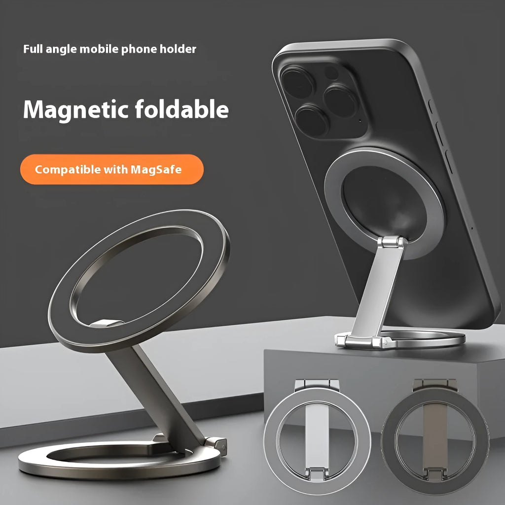 Full metal desktop stand with fastened ring bracket for phone or tablet, shown in black or silver.