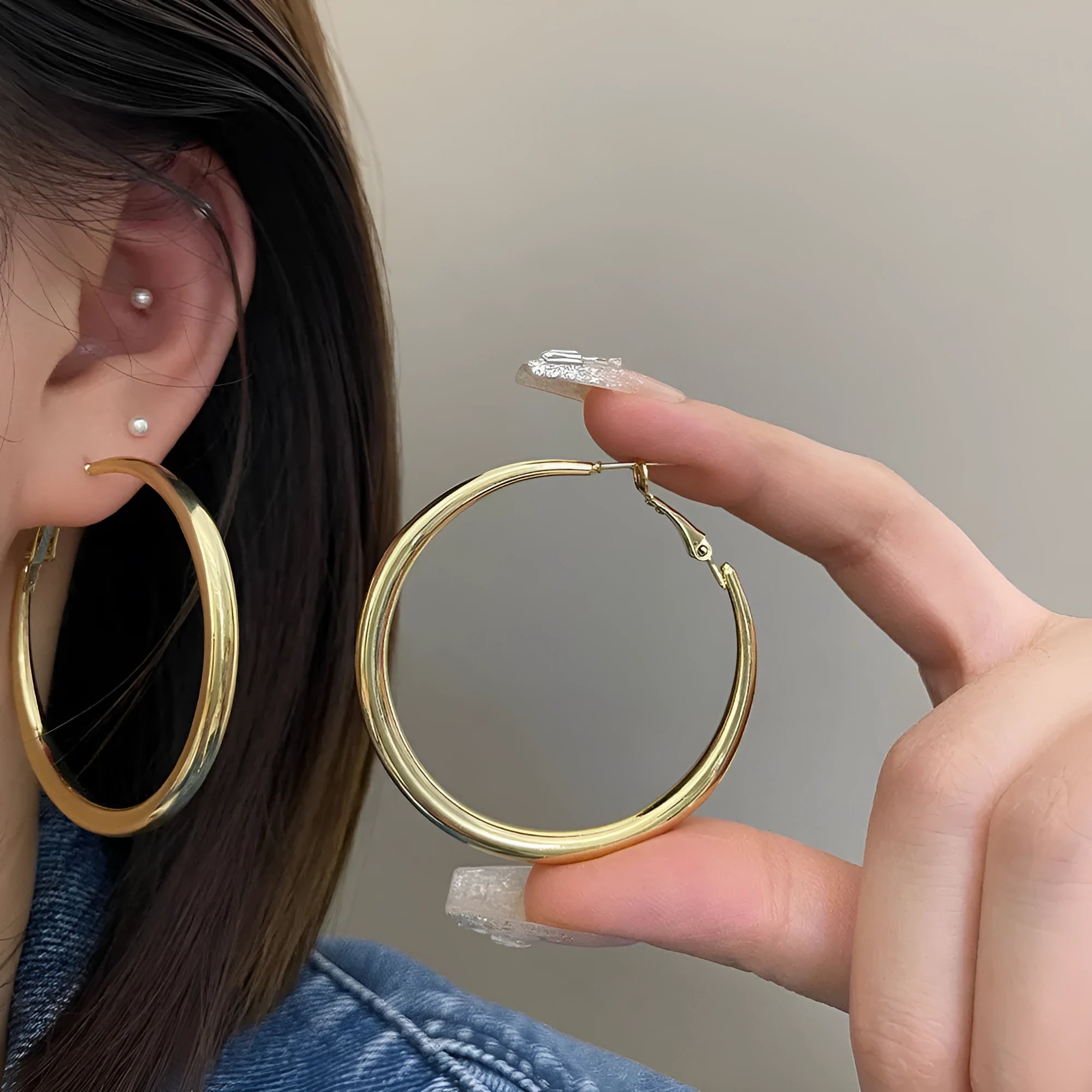 Silver pigment ring earrings 5cm circle drop with 925 silver needle for women