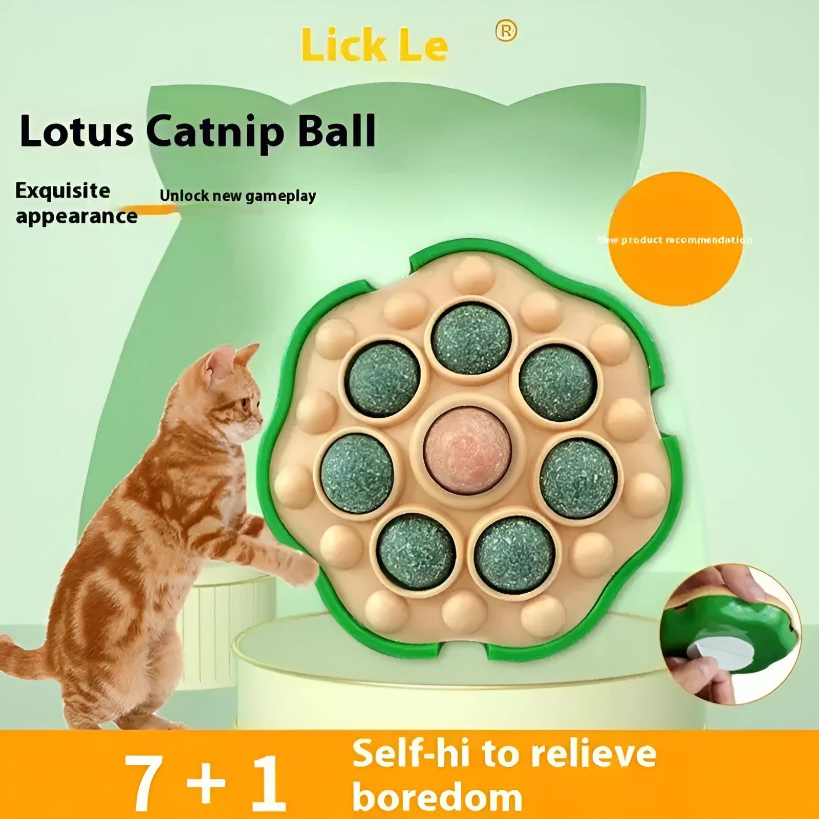 Green lotus-shaped adhesive catnip ball toy for cats, shown with dimensions approximately 10.5cm.