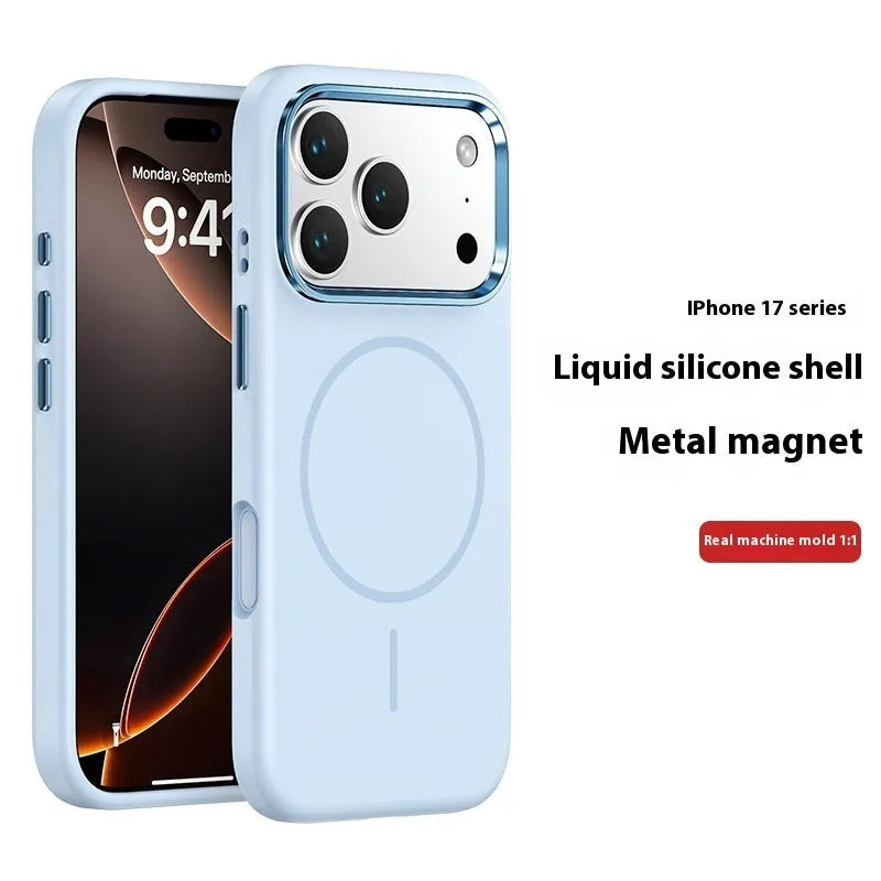 Liquid silicone magnetic phone case in carbon gray, all-inclusive shockproof cover for iPhone 15 16 17
