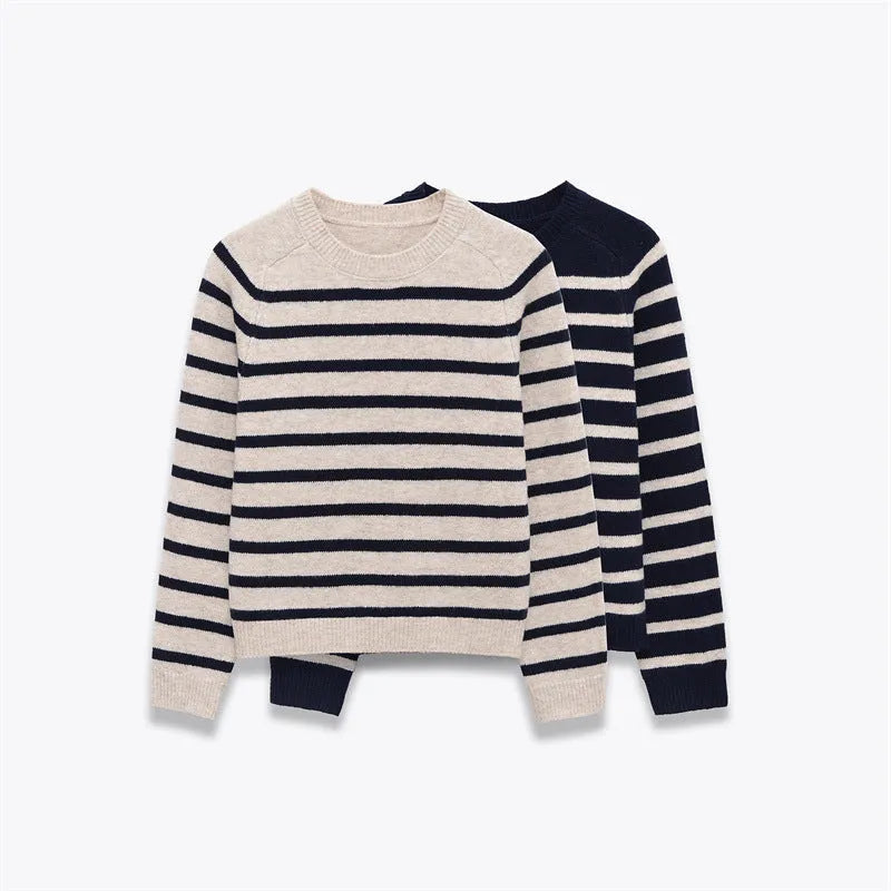 Women's loose striped knit sweater pullover with colour block patchwork in apricot and black, round neck long sleeves
