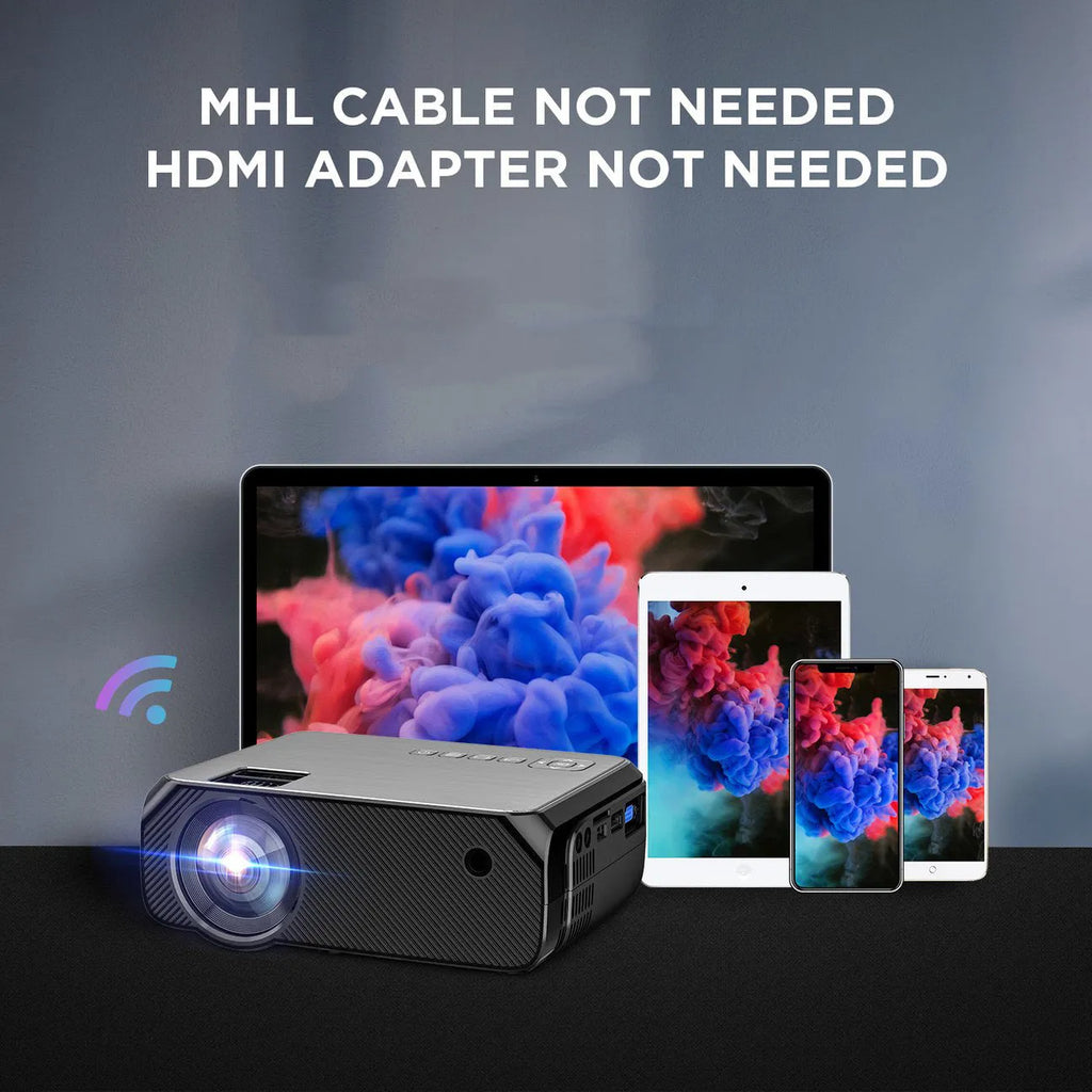 Black home projector with glass lens, 720p resolution, 3900 lumens brightness, 50-230 inch screen, UK plug