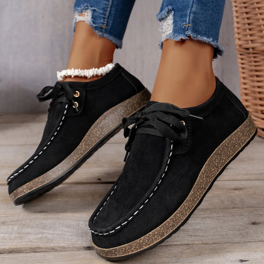 Black unisex lace-up flat shoes with round toe, PU upper, sizes 36-43