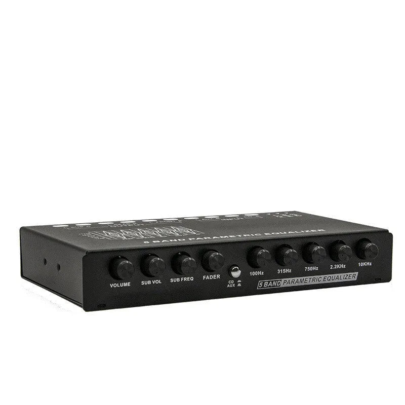 Black car audio EQ frequency division amplifier with control panel for subwoofer adjustment