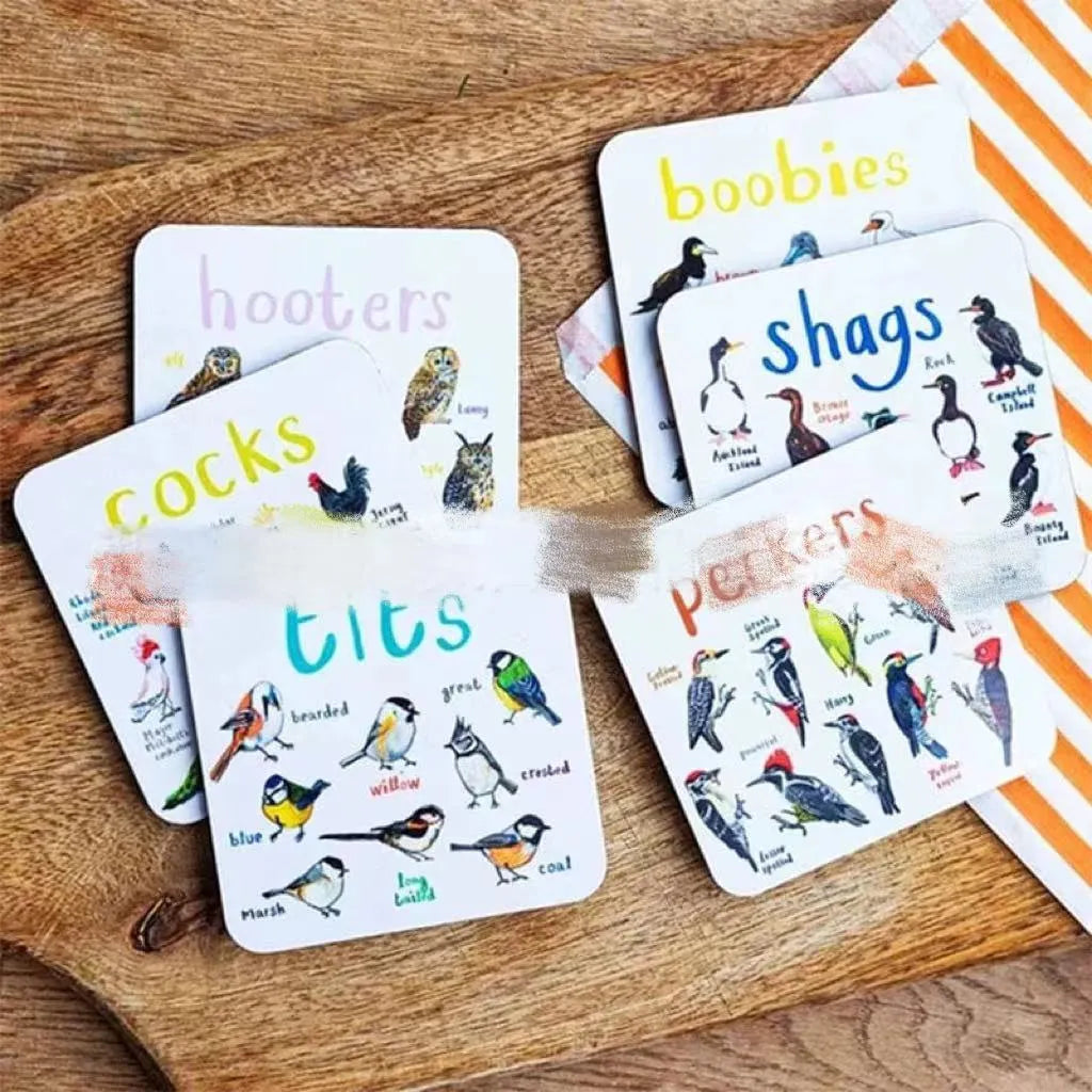 Square bird pun coasters, PVC drink mats 10x10x0.35 cm, 6 or 12 piece set with bird charts.