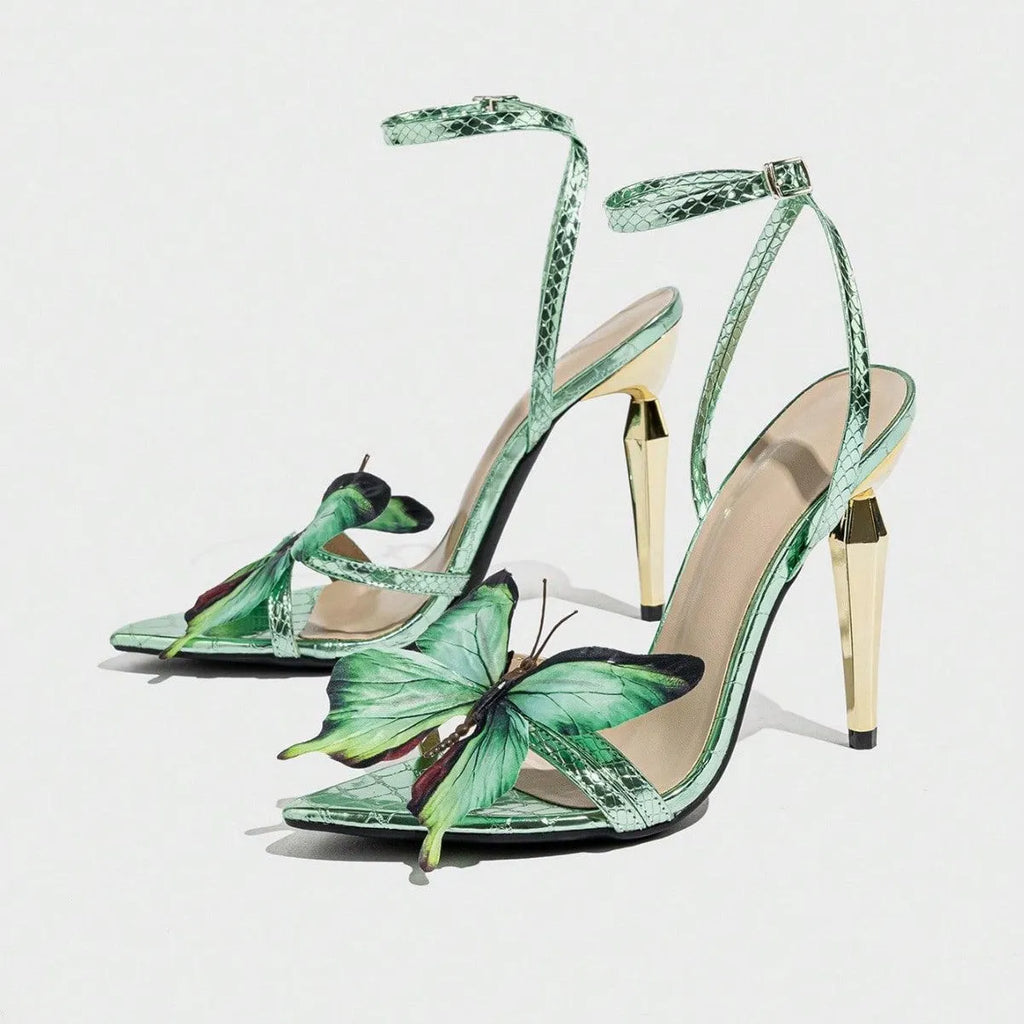 Women's green stiletto heel sandals with three-dimensional butterfly decorations and electroplated finish