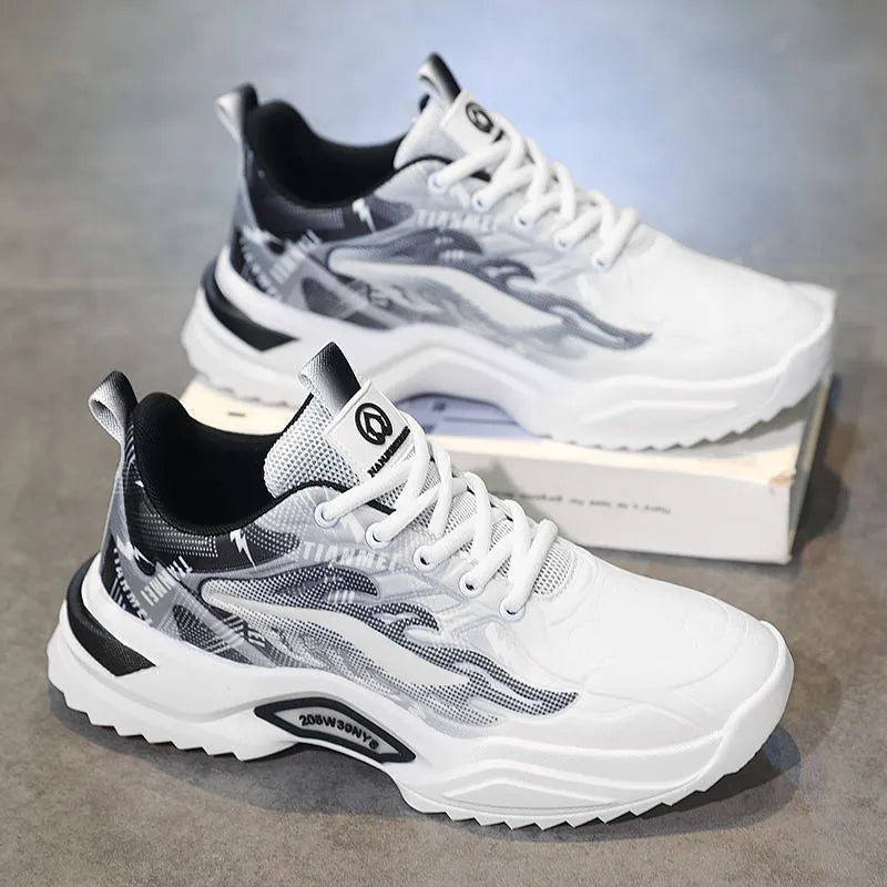 Men's spring casual sports mesh shoes synthetic leather upper rubber sole front lace-up round toe black and white 3529