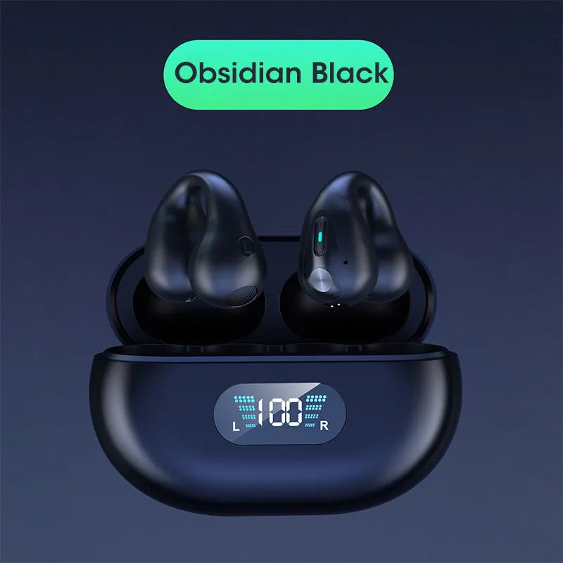 Q80 clip bone conduction Bluetooth headset in black, white, or khaki, showing ear clip design.