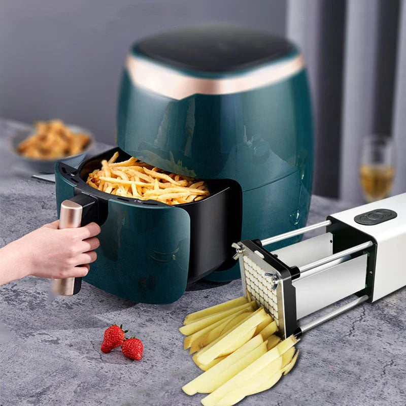 Powerful electric french fry cutter machine with stainless steel blades for slicing potatoes, carrots, and other vegetables