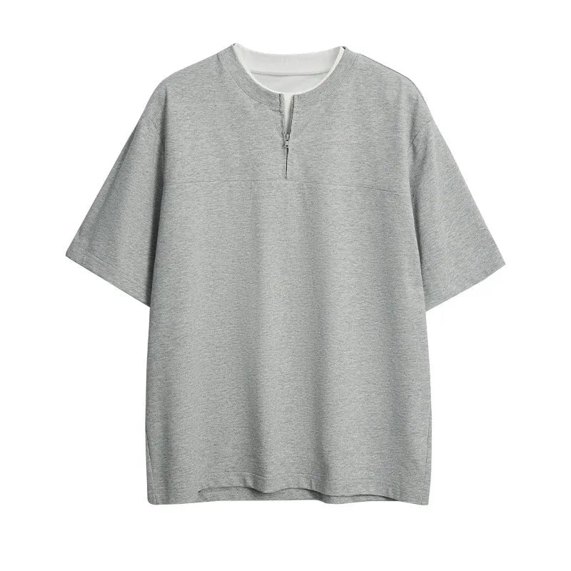 Women's loose patchwork top in solid colour with zip false two-piece design