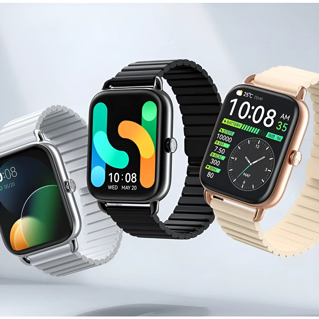 HAYLOU RS4 Plus black smart sports watch with AMOLED display on a wrist, showing fitness stats.
