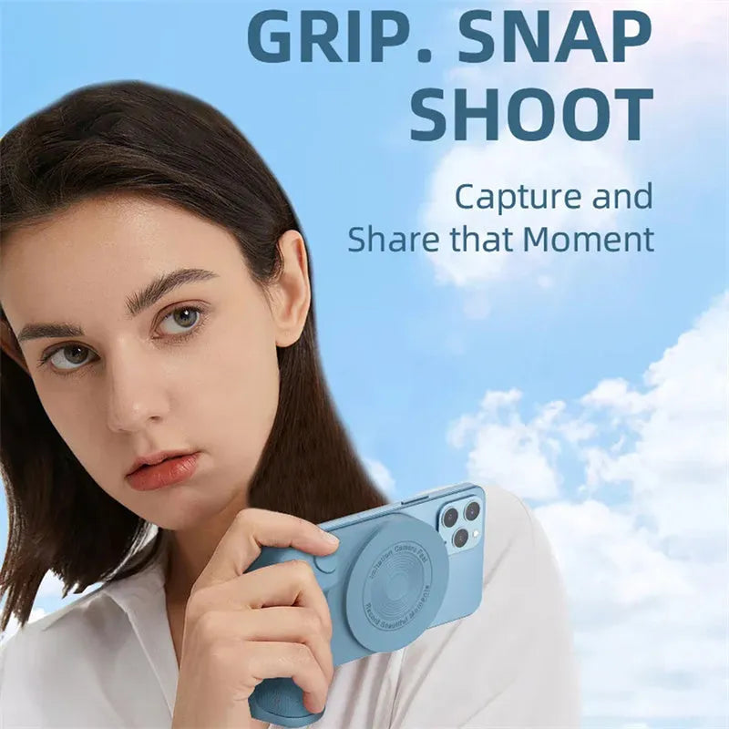Black magnetic phone camera holder with rotatable grip on wooden table demonstrating phone attachment