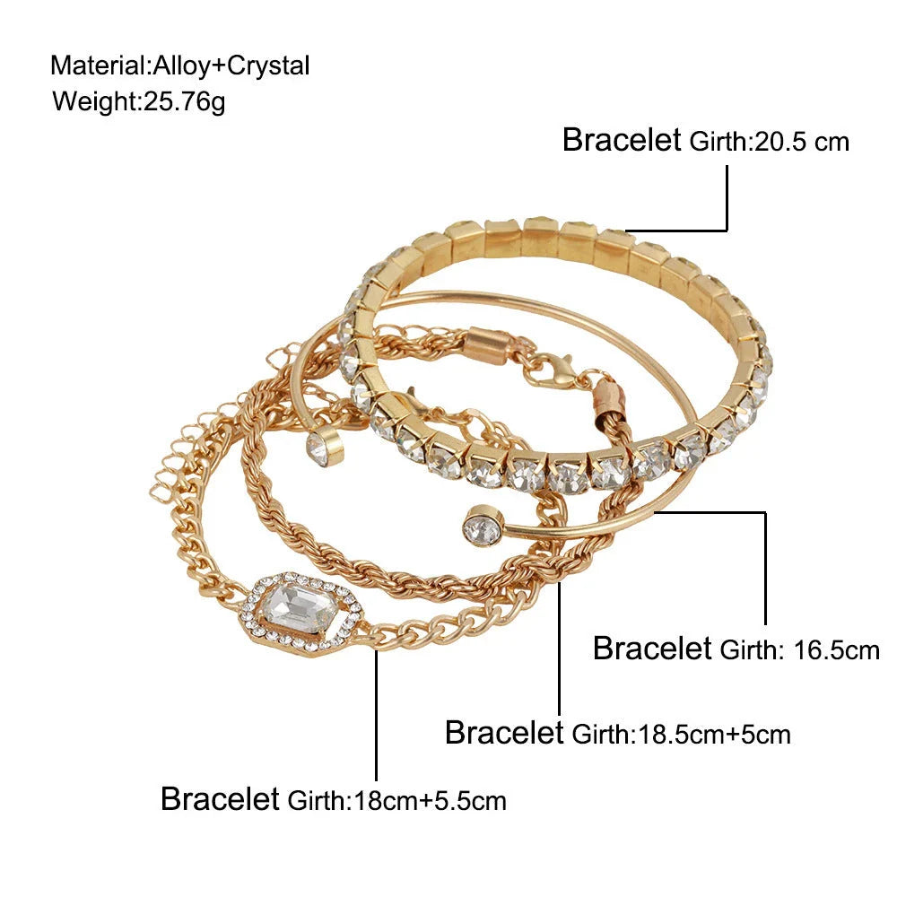 4-piece crystal bracelet set with bohemian-inspired design, featuring adjustable nickel-free alloy construction and sparkling rhinestones