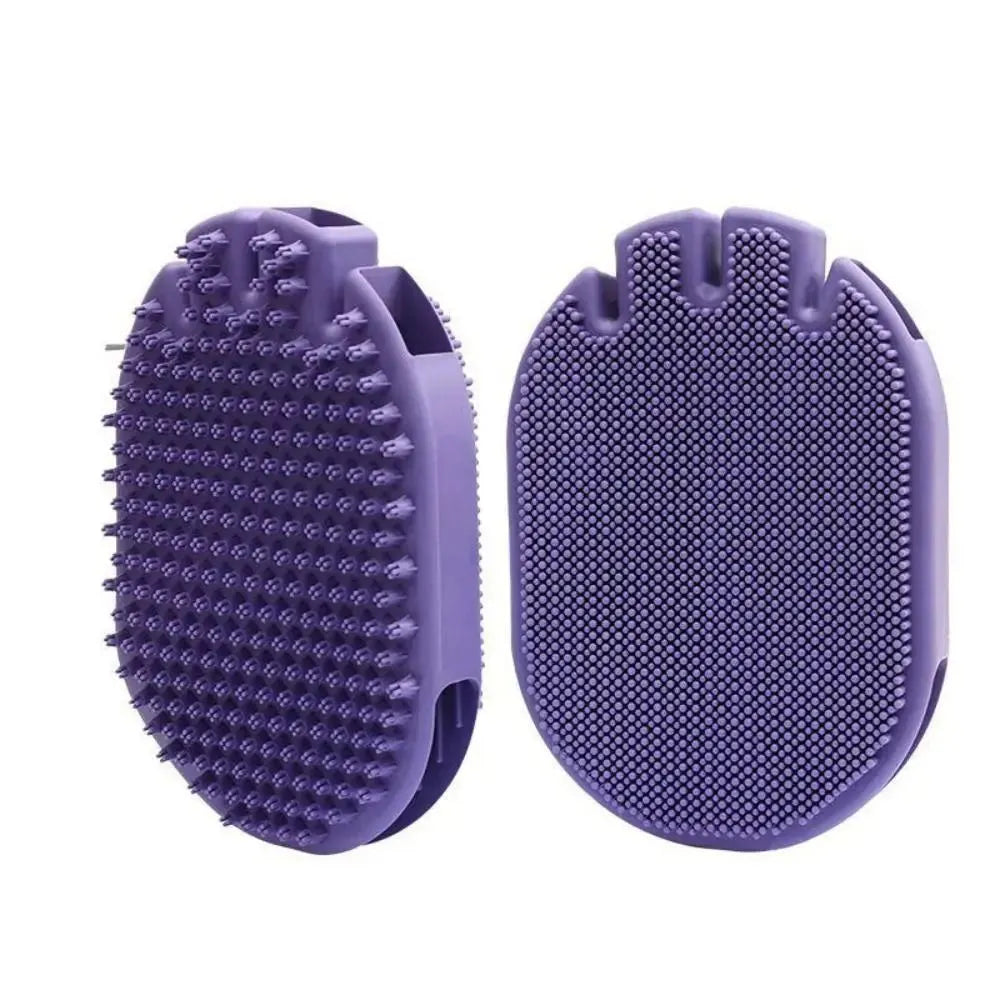Purple pet shampoo brush with soft bristles and ergonomic handle for dog and cat grooming
