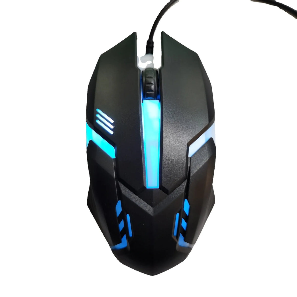 Wired USB photoelectric mouse with 1.35m cable for desktop, shown in black ribbon colour packaging or white