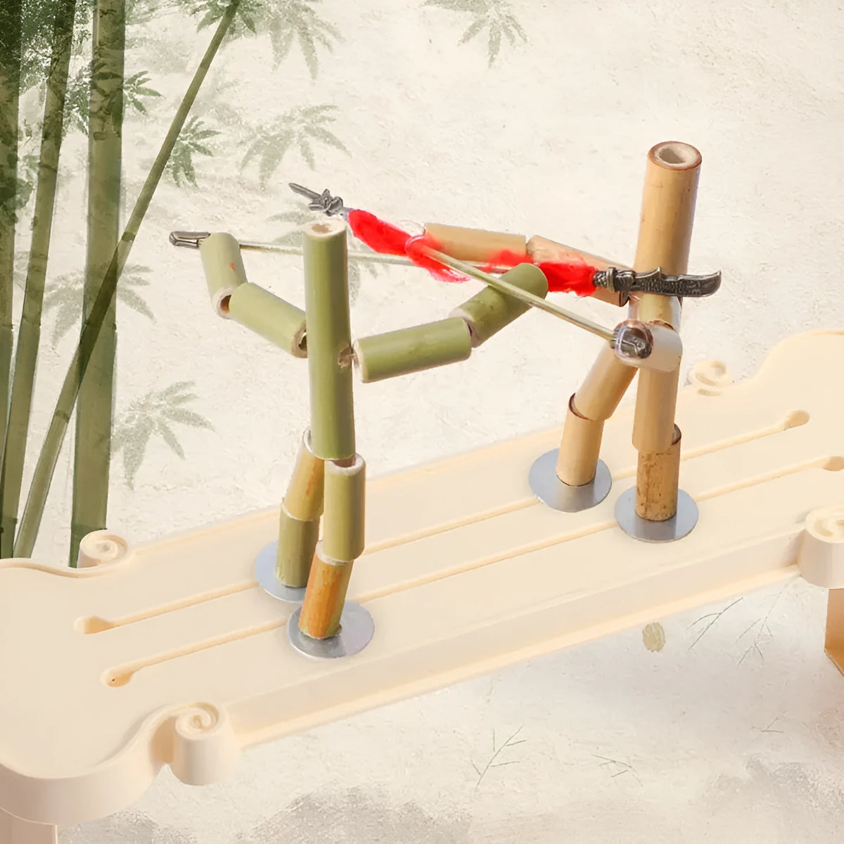 Bamboo Man wooden fighting game set with yellow table, two bamboo men, and iron weapons for children aged 4-14
