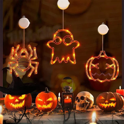 Halloween Window Hanging LED Lights with spooky designs of spiders, pumpkins, and ghosts