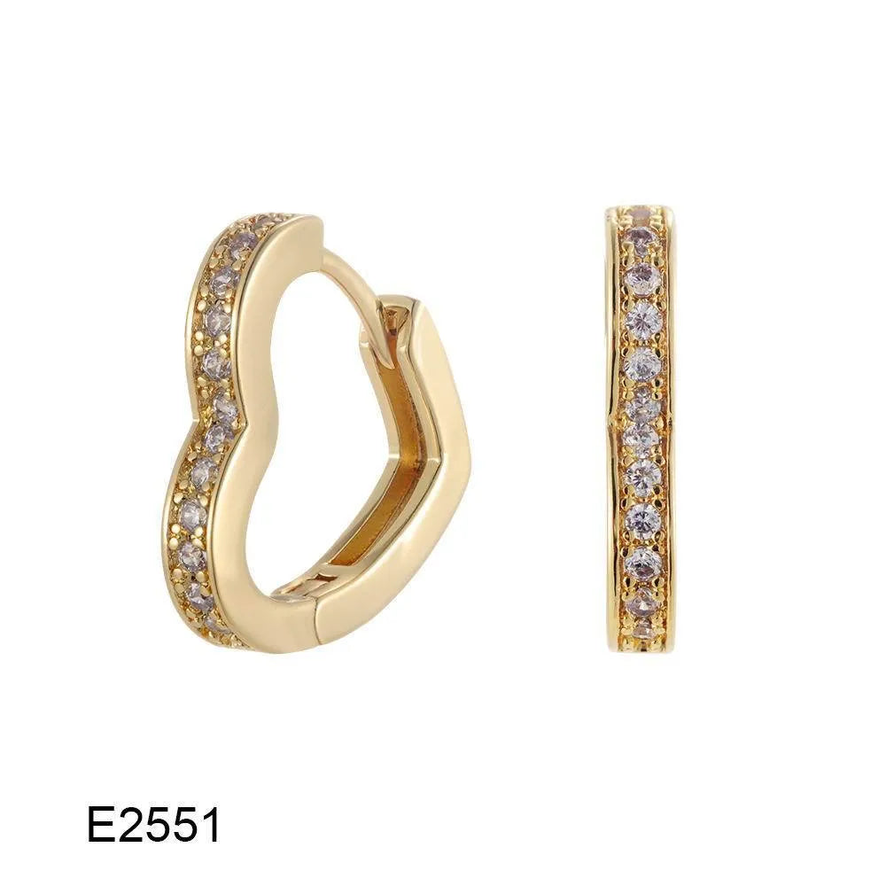 Brass gold plated heart shaped zircon clip earrings with gang drill detailing on copper base