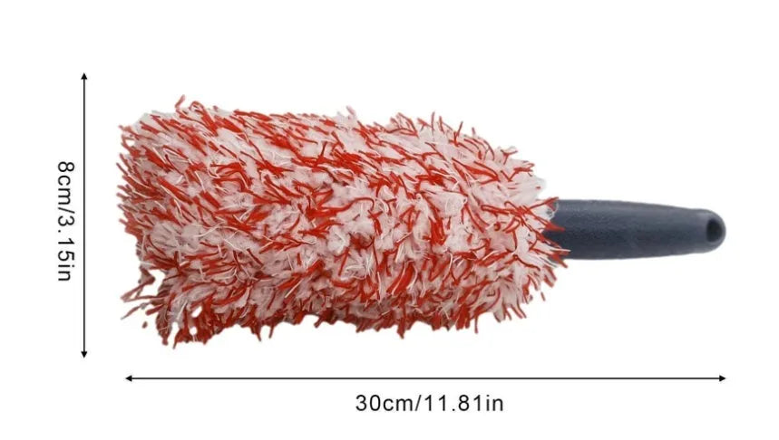 Long handled car wash brush with blue ultra-fine fibre head for cleaning wheels and body panels.