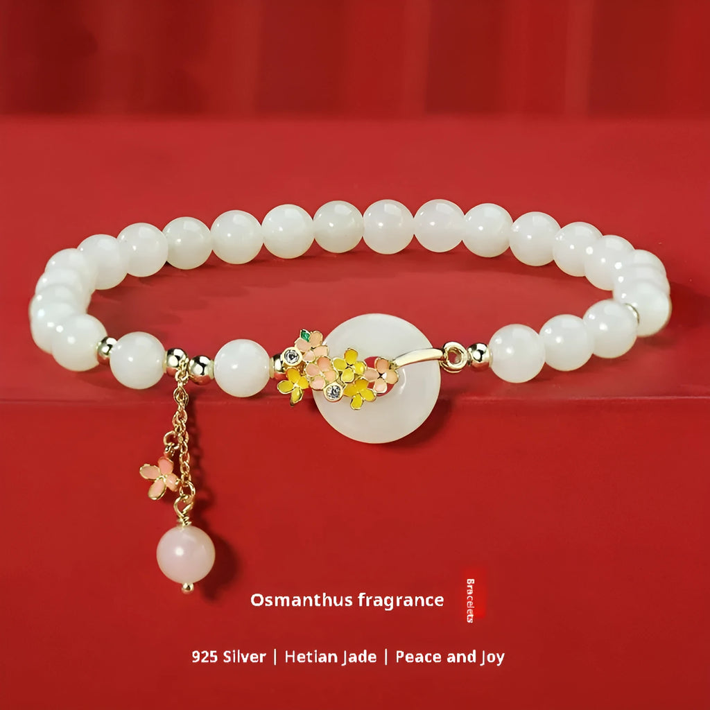 Osmanthus peace buckle bracelet with 6mm Hetian jade set in S925 sterling silver