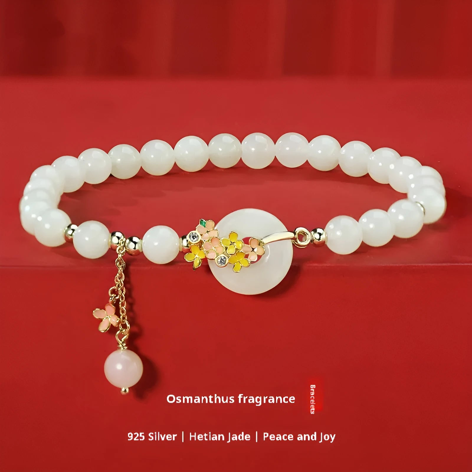Osmanthus peace buckle bracelet with 6mm Hetian jade set in S925 sterling silver