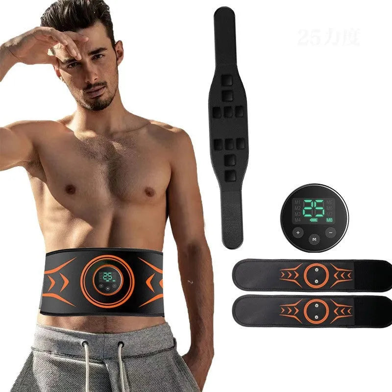 EMS fitness belt with abdominal pads, arm stickers, and rechargeable host unit