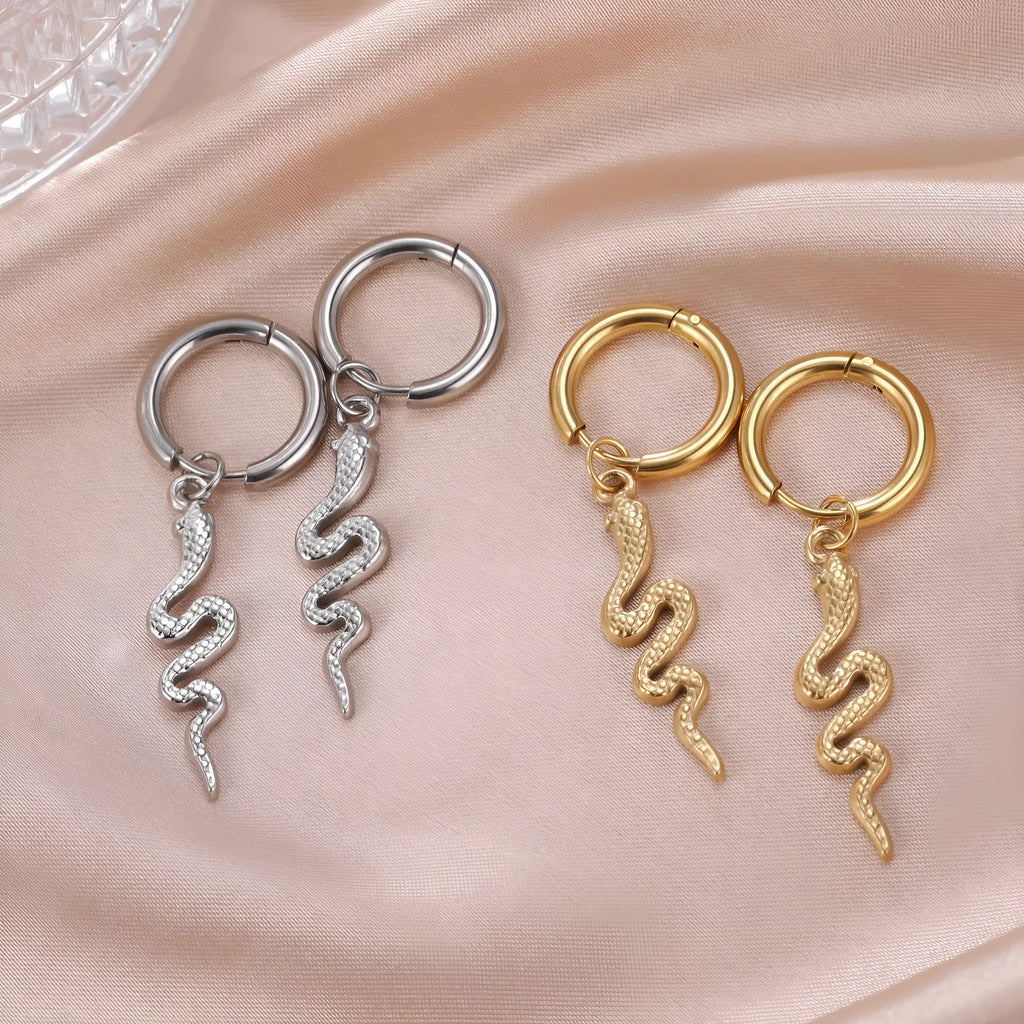 Stainless steel snake earrings with gold electroplating and vintage clip design