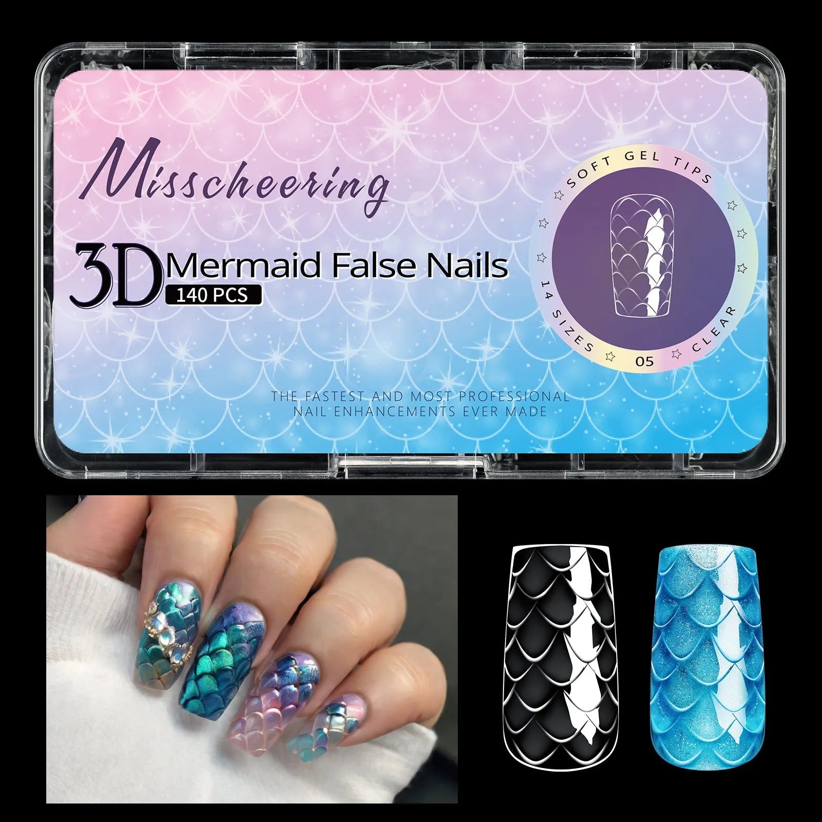 3D scale long shaping nail tips in multiple colour sets for professional nail extensions