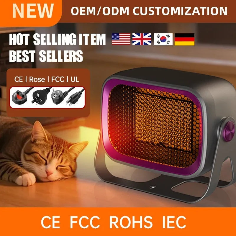 Compact desktop ceramic heater in white, khaki, or gray with rotating body and dual-speed controls