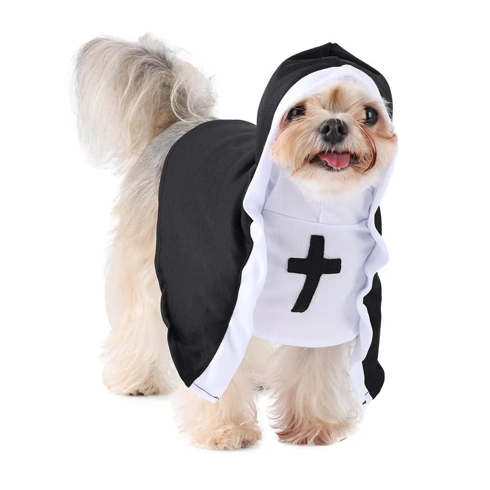 Cat wearing a black polyester nun cloak pet costume for Halloween with white collar