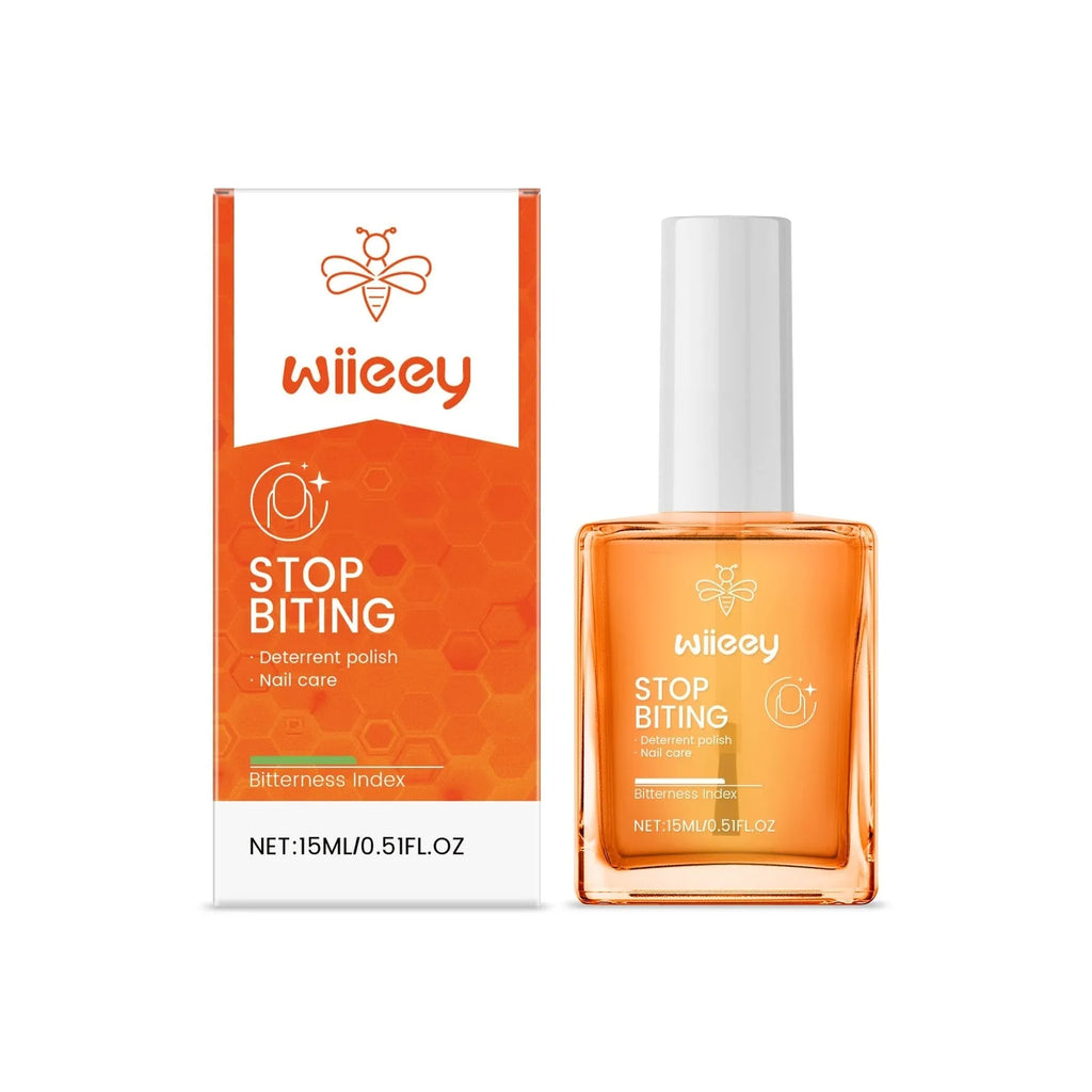 Nail anti-bite bitter nail water 15ml glass bottle with treatment solution and two nail files on white background