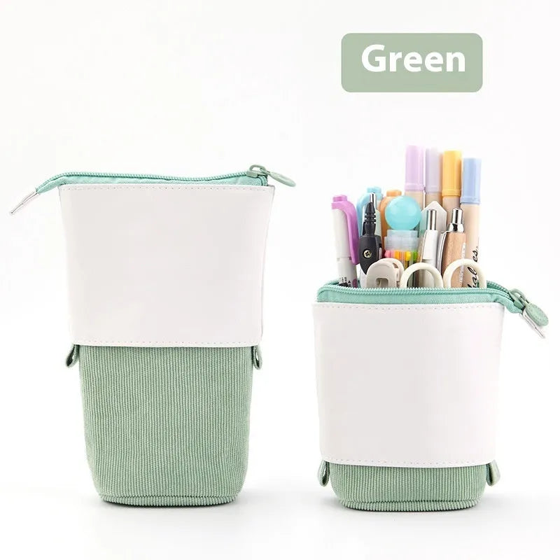Korean style telescopic drop-down stationery case in coloured PU corduroy on a cotton and linen base.
