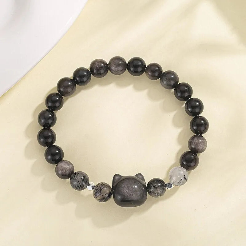 Obsidian cat couple bracelet with silver or white agate design and electroplated finish