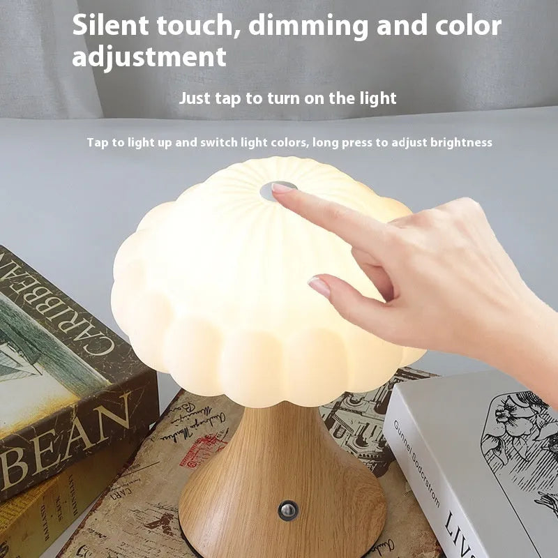 Mushroom-shaped touch lamp with USB charging port in cream colour