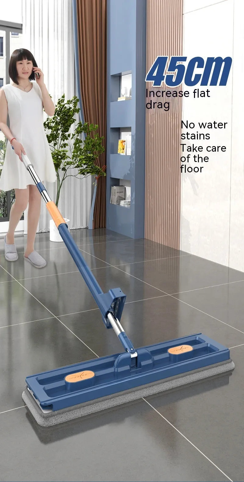 Large flat mop with stainless steel long handle and blue cloth showing 360-degree rotating head mechanism