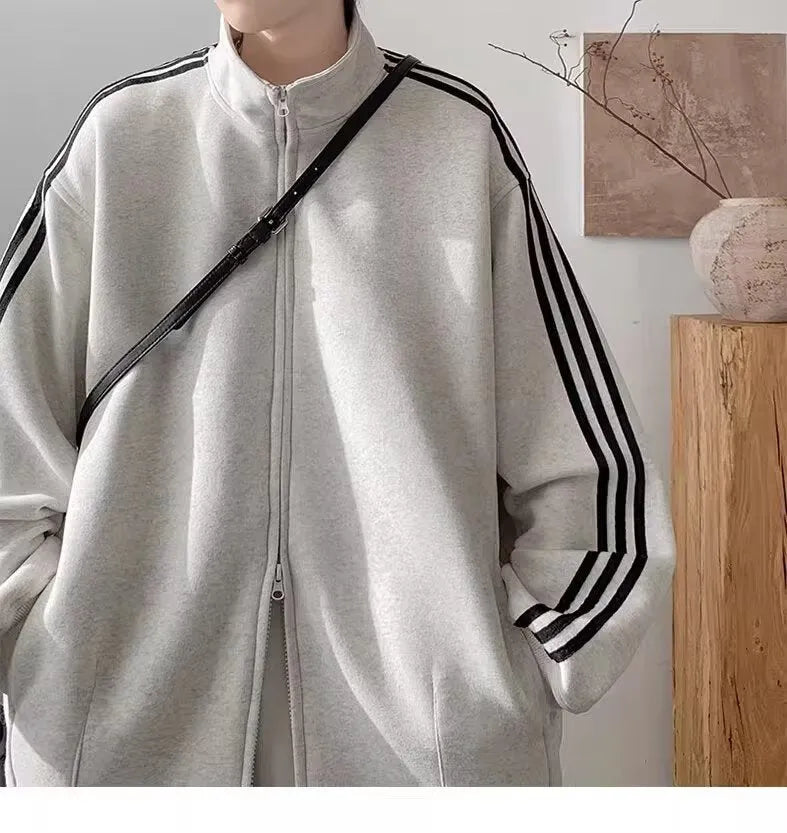 Men's loose casual sports jacket in navy blue, white gray or black, long sleeve polyester, sizes M to 3XL