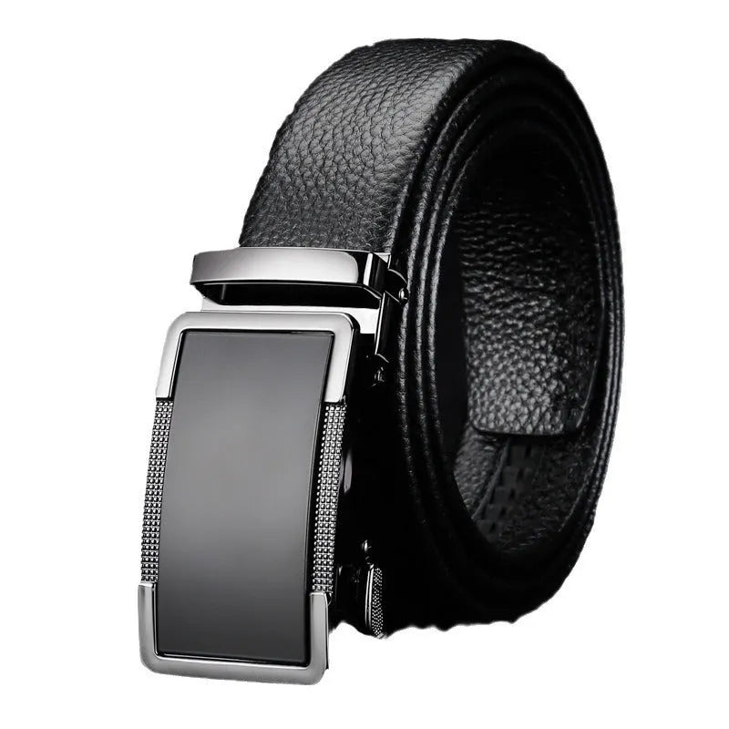 Men's leather belt with a silver automatic comfort click buckle on a black background.