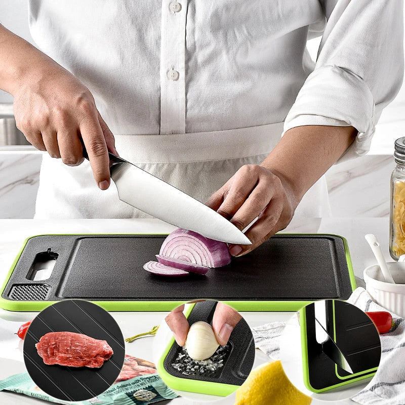 Multifunctional cutting board with defrosting, grinding, and knife sharpening features, made of premium aluminum for high-temperature resistance and easy cleaning.