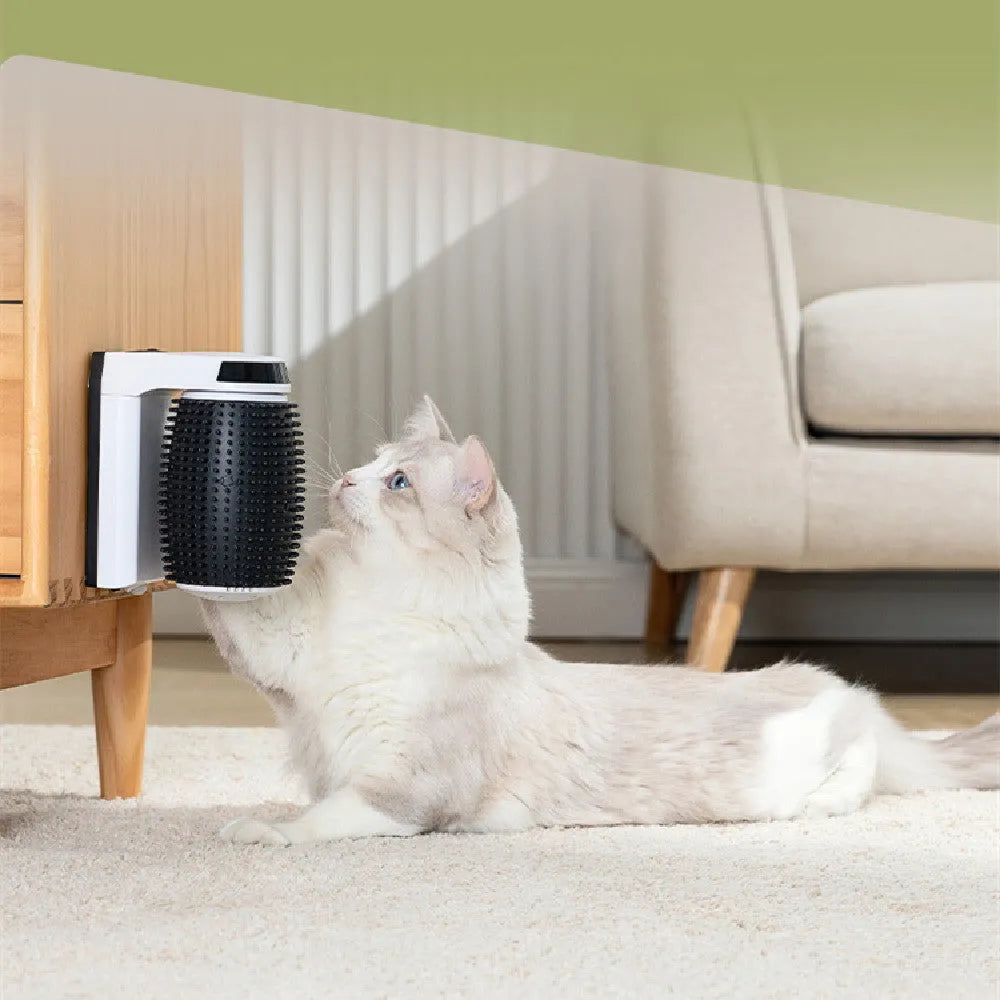 White automatic cat grooming brush mounted on a wall corner, showing USB cable and soft bristles.