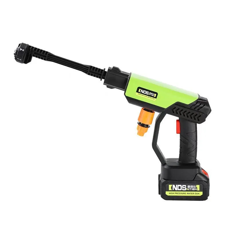 Green wireless high-pressure water gun with metal head and six-in-one nozzle, shown with battery and accessory kit.