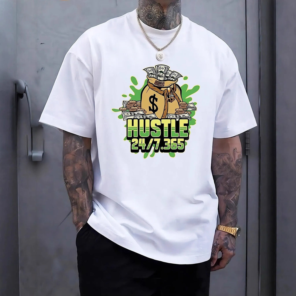 Men's printed loose fit short sleeve polyester T-shirt in black, white, and navy blue