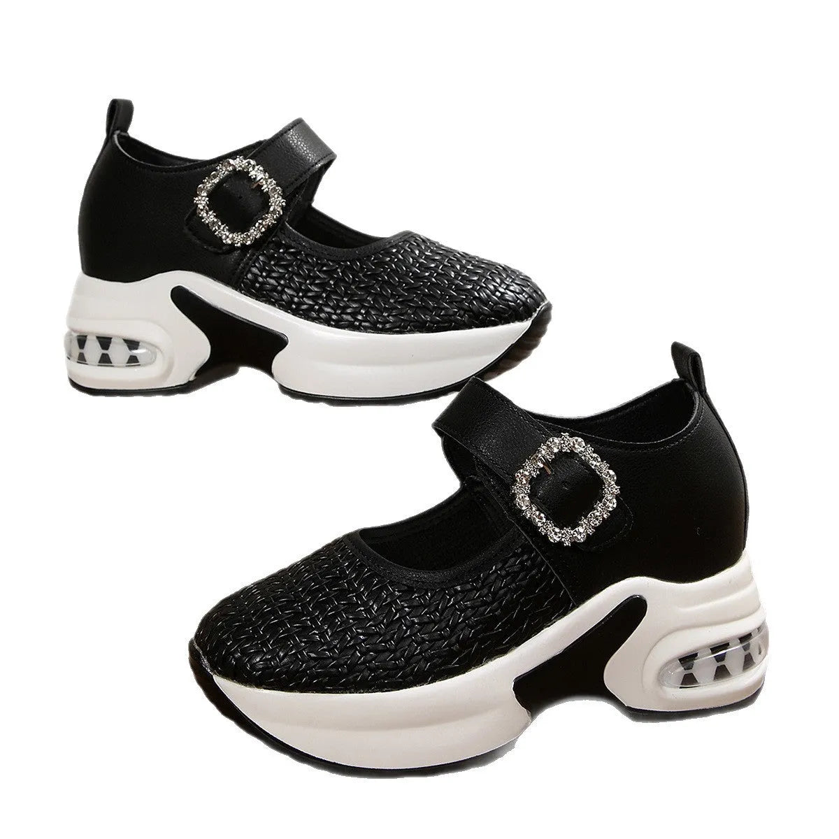Woven wedge shoes for women solid colour black low top mid heel 3-5CM rubber sole leather lining