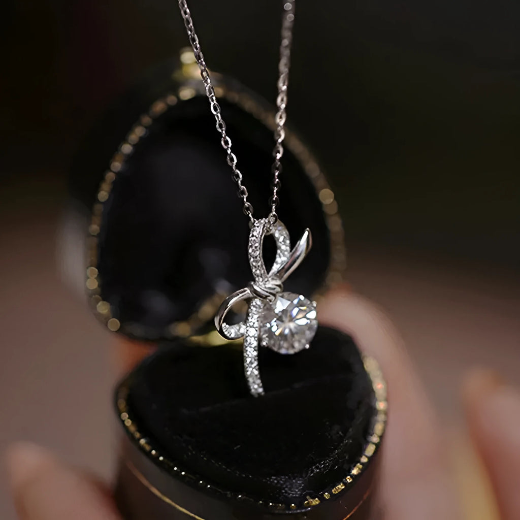 Bow necklace for women in XL1511 White Gold with inlaid zircon, copper base, and O-ring chain, 21-50cm.