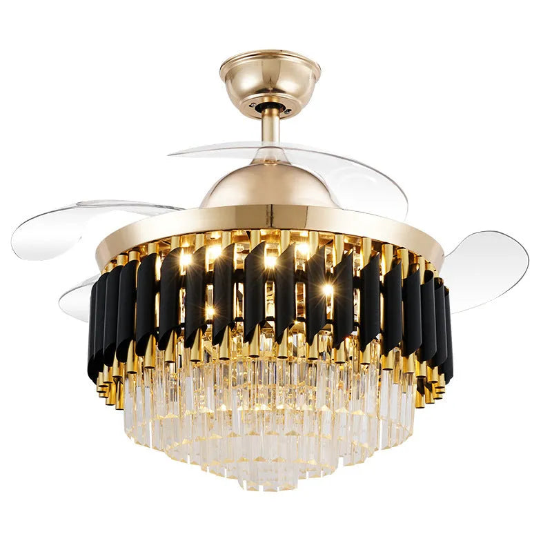 Crystal lampshade ceiling fan light with remote control in 42 inch or 48 inch size options.